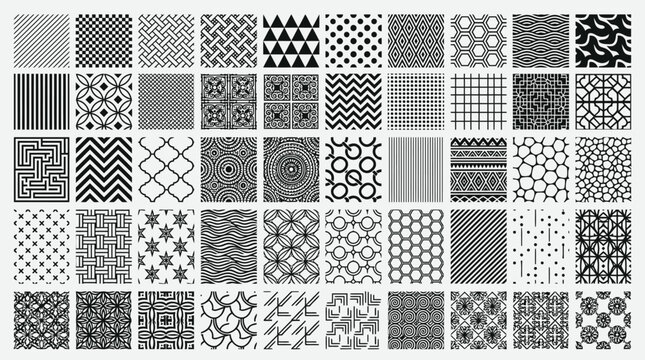 Set of fifty-six seamless monochrome geometric patterns for modern design backgrounds.