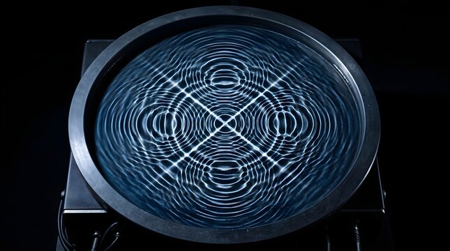Cymatic water ripples in circular basin, geometric liquid vibration patterns, blue frequency interference waves on black background