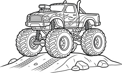 Cool monster truck coloring page, big wheels vehicle vector illustration driving on dirt mound. © RENYRANI