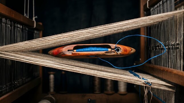 Vintage wooden weaving shuttle with blue thread on a traditional loom, rustic textile manufacturing process, antique handloom machinery in a workshop