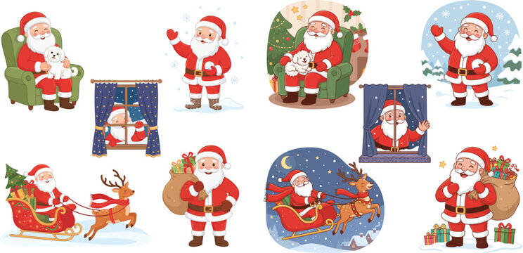 Santa claus illustrations with gifts reindeer and polar bear on a white background vector holiday