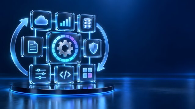 Continuous integration and system automation framework featuring glowing digital setting gears and networking icons