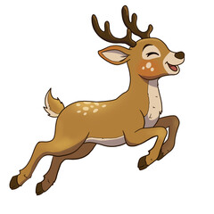 Cartoon reindeer with antlers running mid-jump in white studio background © Aruvia