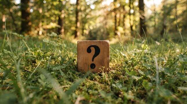 Mysterious question mark carved into a tree trunk in a lush green forest