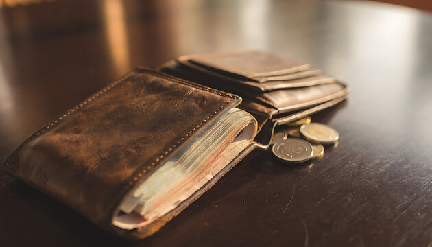 Close Up of Open Leather Wallet with Cash on Wooden Table