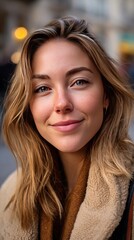 Fototapeta premium Portrait of a Young Woman: A striking portrait of a young woman with captivating eyes and a warm, gentle smile, her blonde hair catching the soft light.