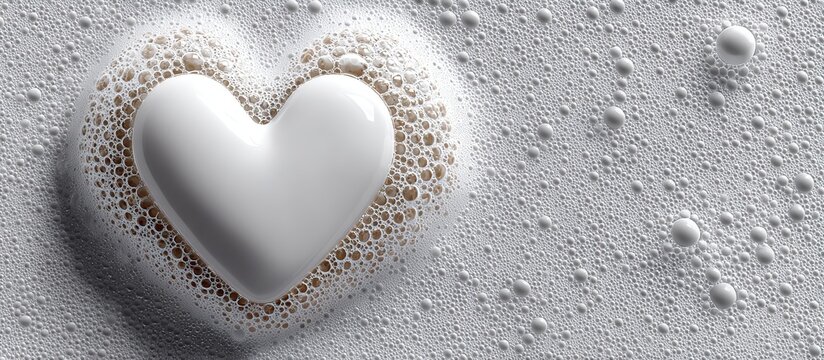 Heart-Shaped Soap in Bubbles: A pristine white heart-shaped soap rests serenely within a frothy embrace of delicate bubbles, symbolizing purity, care, and affection.