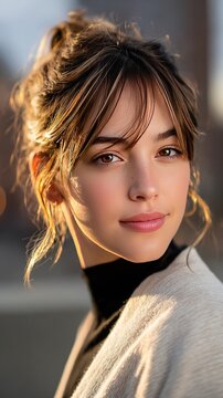 Sunlit Serenity: A young woman with a gentle smile and windswept hair is bathed in the warm, golden light of a sunset. Her eyes, soft and expressive.
