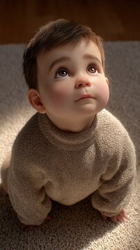 Innocent Gaze: A baby in a cozy sweater looks up with wide, curious eyes, bathed in soft, warm light, embodying purity and wonder.