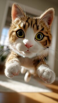 Playful Kitten Attack: A cute, wide-eyed kitten with tabby markings leaps towards the camera, its paws outstretched in a moment of playful excitement and curiosity.
