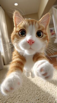 Curious Orange Cat with Big Eyes: A fluffy ginger and white cat with huge, captivating eyes leaps forward, its paws extended in a playful gesture, inviting interaction.