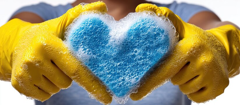Cleaning with Love: Hands in yellow gloves gently hold a blue sponge in the shape of a heart, creating a symbol of care and cleanliness.
