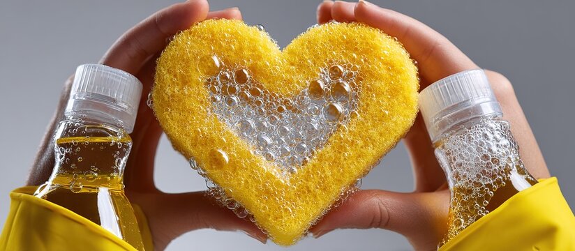Heart of Cleanliness: A sponge shaped like a heart, filled with bubbly soap suds, is held by hands wearing yellow gloves, alongside bottles of cleaning solution.