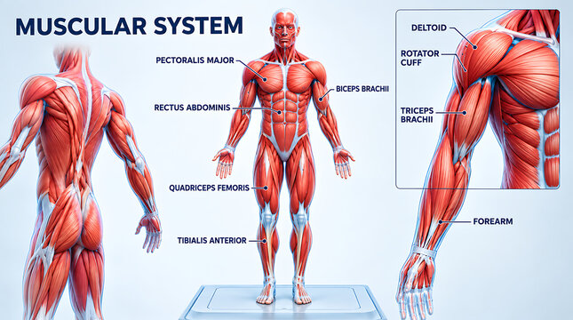 Detailed Anatomical Illustration Of Human Muscular System Anterior Posterior Views Showing Major Muscles With Arm Muscles Inset