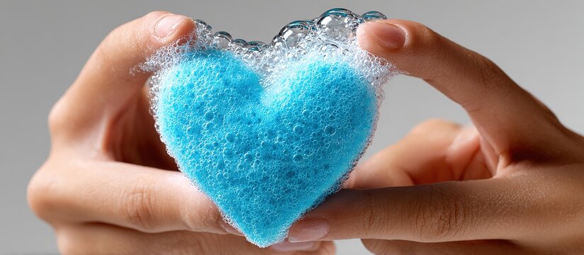 Heart of Bubbles: Two gentle hands cradle a vibrant blue, heart-shaped sponge adorned with delicate soap bubbles, symbolizing care and purity.