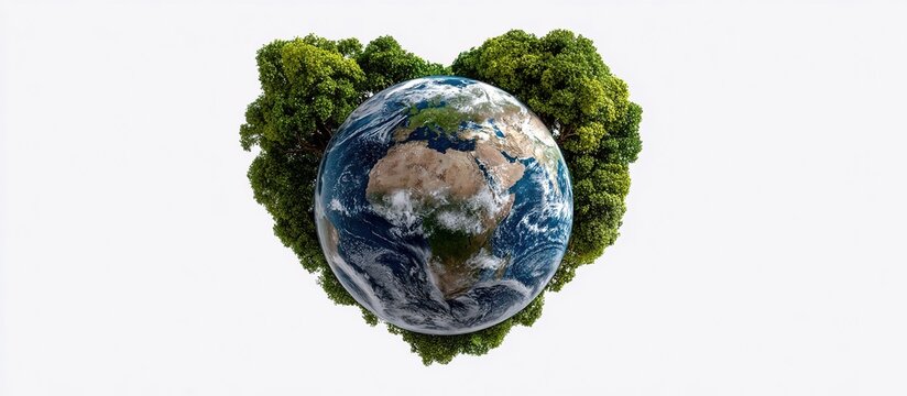Earth Heart Symbol: A vibrant depiction of planet Earth cradled within a heart-shaped frame made of lush green foliage, symbolizing love for our environment and the planet's well-being.