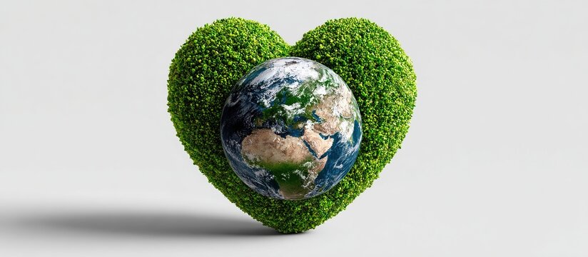 Heart of Green Earth: A symbolic heart shape formed from lush green grass cradles the Earth, representing environmental protection and love for our planet.