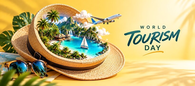 Conceptual world tourism day design with a miniature tropical paradise inside a sun hat vacation tropical paradise sunglasses miniature adventure