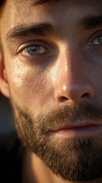 Intense Gaze: A close-up portrait captures the steely blue eyes and determined expression of a man, his skin illuminated by the warm, golden light of the late afternoon sun.