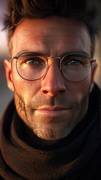 Intelligent Gaze: A close-up portrait of a thoughtful man wearing spectacles, his eyes reflecting a sense of deep contemplation and quiet confidence. The warm light casts a subtle glow on his face.