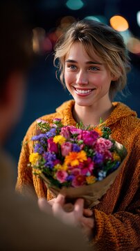 A Tender Moment: A young woman's face lights up with a joyful smile as she receives a vibrant bouquet of mixed flowers, her eyes sparkling with happiness.