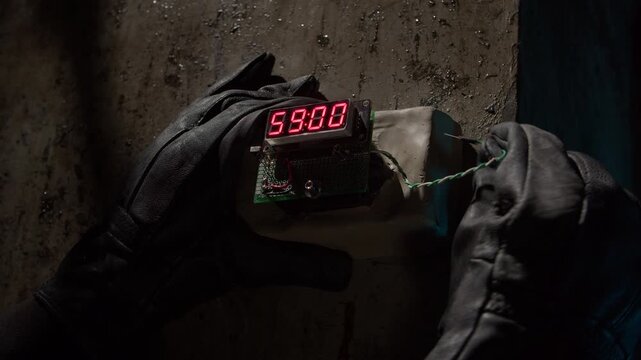 A hand in black glove activates a plastic explosive bomb with a digital diplay.