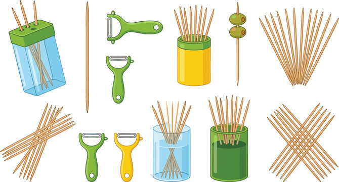 Kitchen utensil vector compilation showing wooden toothpicks in plastic holders skewers with olives and sharp vegetable peelers (Exactly 16 words)