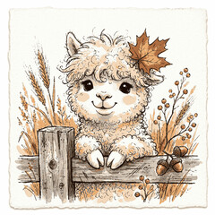Fototapeta premium A whimsical watercolor sketch of a cute fluffy alpaca leaning on a rustic wooden fence in autumn with surrounded wheat acorns