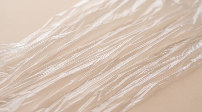 Closeup of transparent plastic wrap texture with wrinkles and reflections on beige background, abstract material surface for packaging design, environmental pollution and recycling concepts.