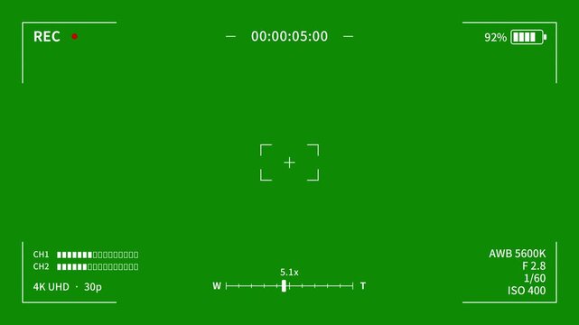 Camcorder Viewfinder Overlay on Green Screen. Pulsing REC Dot, Running Timecode, Draining Battery, Moving Zoom Slider, Audio Meters and Focus Frame. Video Camera HUD Chroma Key