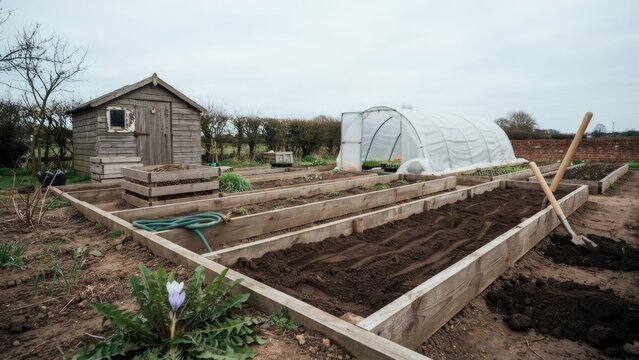Small rustic house surrounded by raised garden beds in rural countryside during overcast weather
