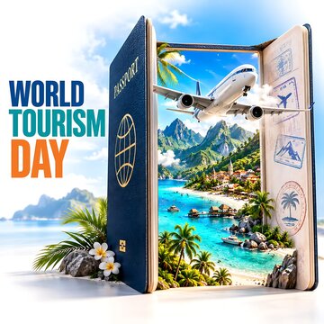 World tourism day concept with an open passport revealing a tropical paradise scene and a flying airplane representing international travel passport airplane