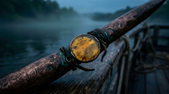 Macro Blank Amber Ferryman Passage Chit on Copper Boat Hook Handle with Sage River Fog and Indigo Dusk