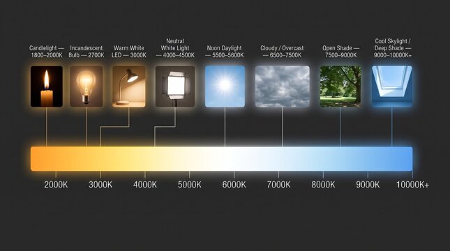 Color temperature chart on the Kelvin scale with visual examples from candlelight and incandescent bulbs to daylight, overcast sky and cool blue shade