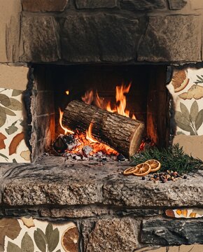 Burning Yule log in a rustic stone hearth with evergreen sprigs and dried orange slices, cozy winter solstice mixed-media collage