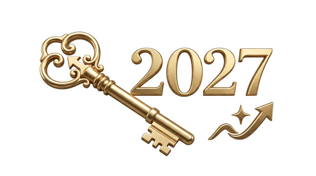 Golden 2027 key to success with growth arrow, ornate vintage gold key for future goals, 2027 business achievement and financial prosperity concept
