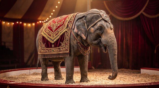 Decorated elephant standing inside a traditional circus ring beneath warm marquee lights and red velvet curtains, dramatic animal performance concept