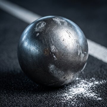 Metal shot put ball resting on an athletics track beside a white lane line and chalk powder, close-up sports training and competition concept