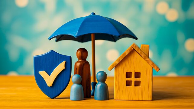Home insurance protection concept with family, umbrella and secure house
