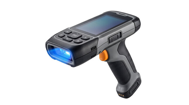 Industrial barcode scanner with digital screen, handheld mobile data terminal for warehouse logistics, portable laser scanning device on white background