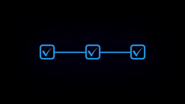 Glowing Neon bright light 3 step infographic process with check mark tick animation on black background, square shape step by step business success guide progress concept with check mark motion..
