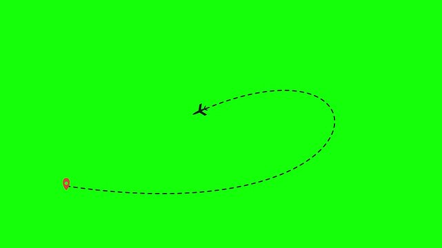Animated airplane icon flies along a curved dotted trajectory path from a red location pin across a bright chroma key green screen background.