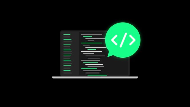Lines of programming code scroll on a laptop screen alongside a glowing green speech bubble icon with coding brackets on a black background.