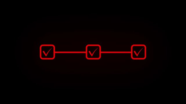 Glowing Neon bright light 3 step infographic process with check mark tick animation on black background, square shape step by step business success guide progress concept with check mark motion..
