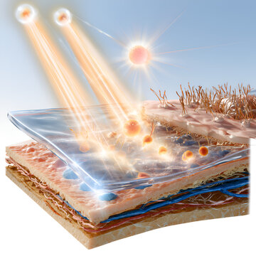 Highly detailed scientific medical illustration of human skin cross section with a transparent protective sunscreen barrier, harmful UVA and UVB rays 