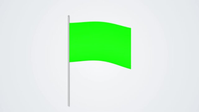 Bright green flag featuring a chroma key screen waving gently on a silver metallic pole against a plain neutral background in an animation.