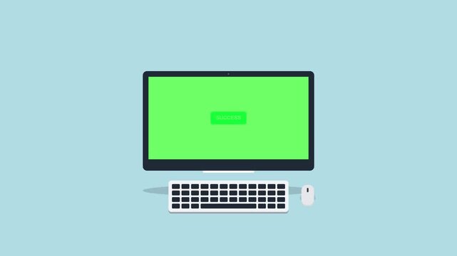 Flat design animation of a desktop computer monitor with keyboard and mouse displaying a chroma key green screen against a soft blue background.