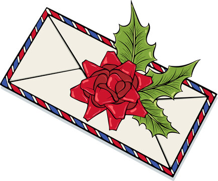 Christmas or New Year letter envelope decorated with a red bow and holly leaves. For holiday decor, winter design. Simple vector color illustration in hand drawn style isolated on white