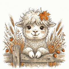 Fototapeta premium A cute white alpaca sketch with a maple leaf resting on its head by a fence with whimsical watercolor illustration wooden fence surrounded