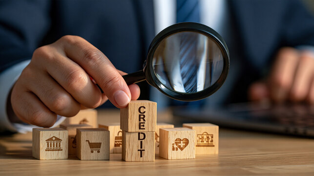 Focused businessman examining a wooden block representing credit and surrounding blocks for banking, savings, shopping, healthcare and education with a magnifying glass, financial risk and debt mana